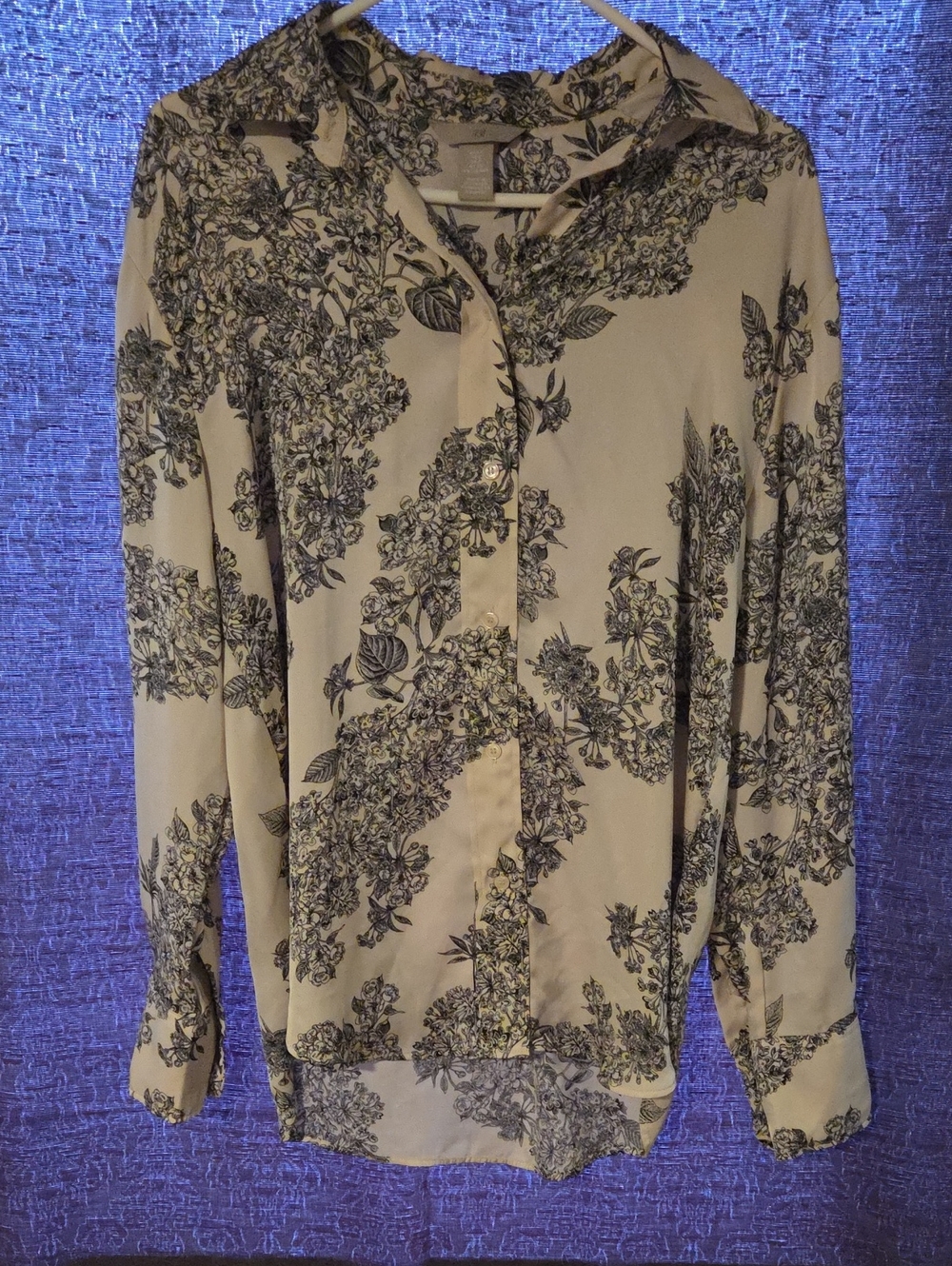 H&M Cream Button-Down Shirt with Black Floral Print